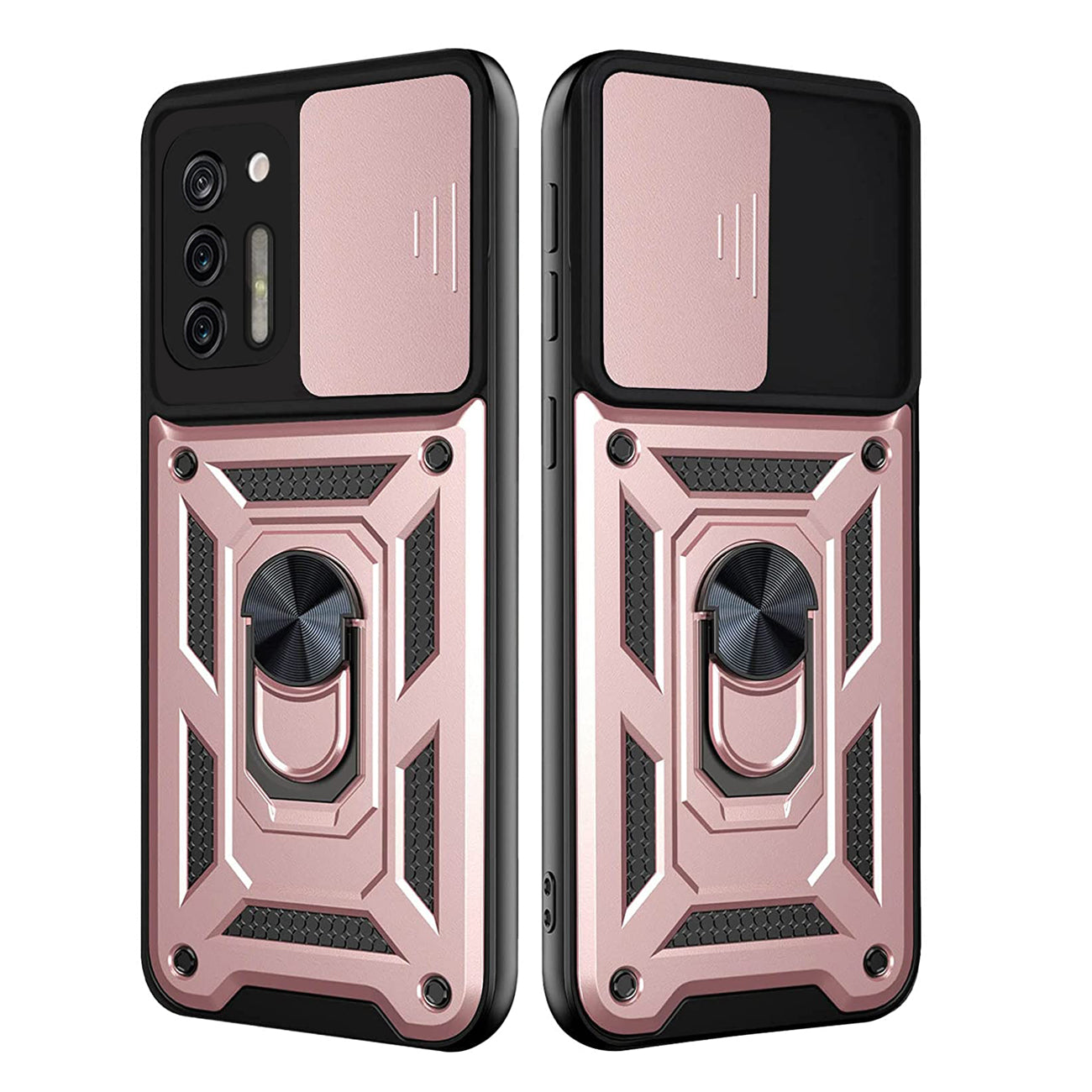 Kickstand Ring Holder with Slide Camera Cover TPU Shockproof Case and Magnetic Car Mount for MOTOROLA G STYLUS In Rose Gold